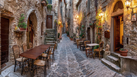 A view down a narrow cobblestone street lined with aged stone buildings and arched doorways. Tables and chairs are set out, suggesting a dining area. Warm lighting illuminates the scene, hinting at evening. Ideal for commercial applications, travel features, or historical contexts.の素材