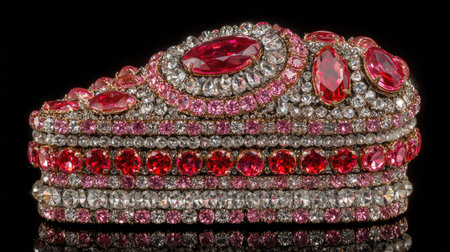 An exquisite jewelry box featuring a vibrant display of rubies and diamonds is presented against a stark black backdrop. The box exhibits intricate detailing with a combination of red and clear gemstones. The image highlights the sparkle of the gems, suggesting a luxurious product suitable for various commercial purposes.の素材
