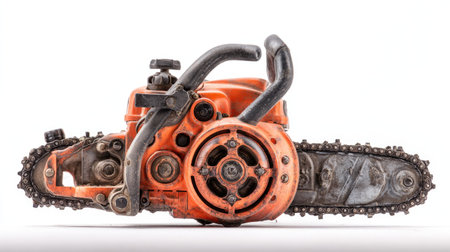 An orange and grey chainsaw is shown against a bright white backdrop. The detailed close-up highlights the blade and mechanical components. This image features neutral lighting and a studio style, suitable for various commercial applications, including editorial and marketing materials.の素材