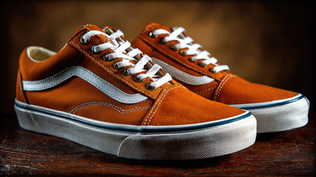 Two orange sneakers are presented, possibly for sale or display. The shoes feature white laces, side stripes, and soles, set against a dark, wooden backdrop. The lighting highlights the texture and color of the shoes, suitable for advertising, fashion editorials, or product presentations.の素材