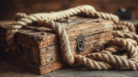 An antique wooden chest rests upon a wooden surface, detailed with metal hardware and surrounded by rope. The aged texture and warm tones create a vintage aesthetic. This image suggests themes of history, exploration, and discovery. Suitable for illustrating stories or representing concepts related to wealth and mystery.の素材