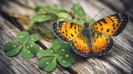 An orange and black butterfly rests on weathered wood, near vibrant green leaves. The close-up view highlights the insect's delicate wings and intricate patterns. The image features soft lighting and a shallow depth of field, suggesting an outdoor setting suitable for various editorial and commercial applications.の素材