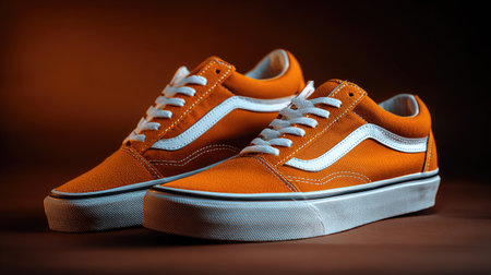 Two orange sneakers are presented against a dark, warm-toned backdrop. The shoes feature white details and a canvas-like texture. The composition uses dramatic lighting, highlighting the sneakers' form and color. This image is suitable for promotional materials, product presentations, or editorial content related to fashion.の素材