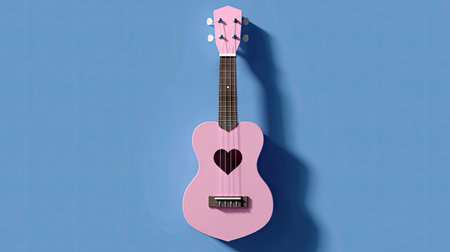 A pink ukulele is centered against a solid blue background, casting a distinct shadow. The instrument features a heart-shaped soundhole. The image showcases bright, even lighting, highlighting the ukulele's form. This composition is suitable for various commercial uses, including advertising and educational materials.の素材