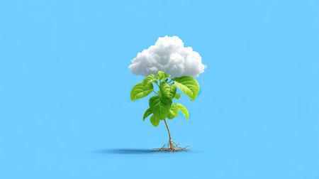 A vibrant green plant, topped with a fluffy white cloud, stands on a solid blue backdrop. The image utilizes a clean, modern style with soft lighting, emphasizing the plant's texture. This composition suggests growth and concepts. Suitable for various applications, including advertising and editorial projects.の素材