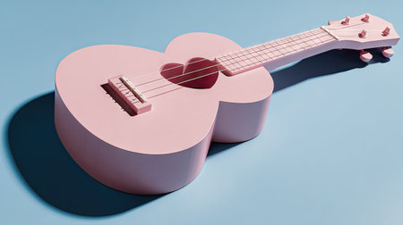 A pink ukulele is presented against a light blue backdrop. The instrument features a heart-shaped sound hole. The lighting casts shadows, highlighting the ukulele's shape. This image is suitable for various commercial applications, including music-related projects or design elements.の素材