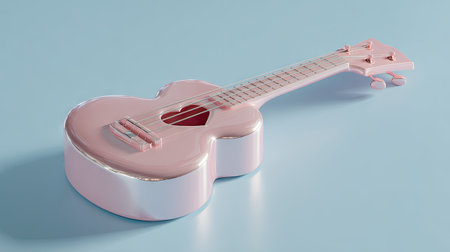 A pink ukulele is positioned on a light blue backdrop. The instrument features a heart-shaped sound hole. The soft, pastel colors and clean lines suggest a minimalist aesthetic. This image might be suitable for musical projects, educational materials, or decorative design purposes.の素材
