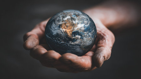A hand cradles a miniature globe, symbolizing the planet Earth. The image features a dark, soft background, emphasizing the subject. The composition suggests care and protection, likely for environmental or global issues. It could be used in various commercial or editorial contexts related to conservation and global awareness.の素材