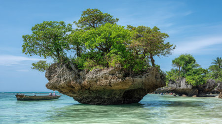 A small rocky island covered with green trees is situated in clear water. The image displays a day scene with a bright blue sky and sunlight. The composition focuses on natural elements, suggesting potential use for travel, tourism, or environmental themes in various commercial and editorial projects.の素材