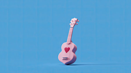 A pink ukulele with a heart-shaped soundhole is positioned centrally against a solid blue background. The instrument exhibits a soft, textured appearance, suggestive of a digital illustration. The composition features a clean, simple style with focused lighting. Suitable for various applications, including design projects and illustrative content.の素材