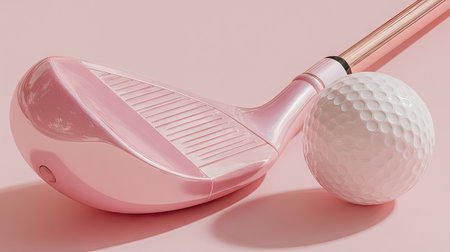 A close-up showcases a pink golf club and ball against a soft, monochromatic backdrop. The image emphasizes the smooth curves of the club and the dimpled texture of the ball. The scene, well-lit, offers a clean and modern aesthetic suitable for various design projects and advertising applications.の素材