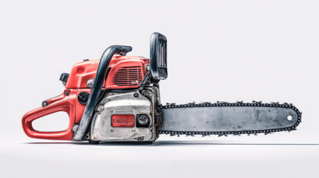 A close-up view presents a red and silver chainsaw, set against a clean white background. The tool displays metallic elements and a dark chain, suggesting a sharp blade. The image is brightly lit, highlighting textures and form, potentially suited for advertising or illustrating articles about tools or construction.の素材