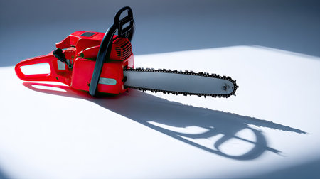 A red chainsaw rests on a white surface, showcasing a sharp blade and handle. Bright overhead lighting creates a dramatic shadow, emphasizing the tool's form. The composition suggests a clean, uncluttered environment, suitable for various commercial applications or editorial content focused on tools and equipment.の素材