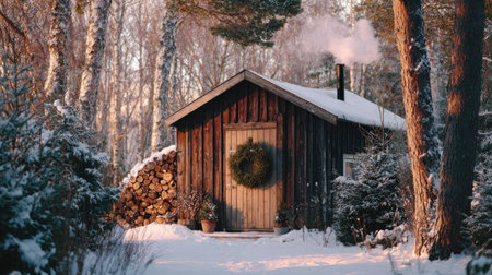 A wooden cabin stands in a snowy forest, with a wreath adorning the door. White smoke drifts from the chimney, suggesting warmth within. The image showcases natural light, a neutral color palette, and a peaceful atmosphere. Ideal for illustrating winter, nature, or concepts related to cozy living.の素材