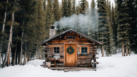 A charming wooden cabin sits peacefully amidst a snow-covered forest, with smoke gently billowing from its chimney. The composition features a symmetrical arrangement, with a central cabin framed by tall evergreen trees. The scene is illuminated by soft, natural lighting, suggesting a serene winter environment. This image could be suitable for a variety of editorial and commercial applications.の素材