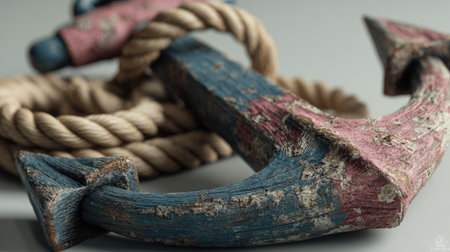A close-up captures a weathered wooden anchor, painted in blue and red tones, accompanied by a coiled rope. The composition highlights textures and materials, possibly suggesting a maritime theme. This image may be suitable for illustrating concepts of seafaring, travel, or decoration, finding applications in various commercial and creative projects.の素材