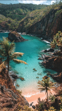 This image showcases a scenic coastal view, featuring clear turquoise water meeting a sandy beach. Palm trees dot the landscape, alongside rocky cliffs and lush green vegetation. The scene is bathed in natural light, suggesting an outdoor environment. Suitable for a variety of commercial and editorial applications.の素材