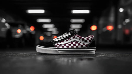 A close-up captures a single sneaker with a distinctive checkerboard pattern. The shoe, presented in a low-angle shot, is set against a blurred dark background with hints of lighting. Its design features black and white colors, hinting at urban fashion. This image may be suitable for advertising, editorials, or design projects.の素材