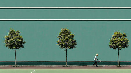 A tennis player practices on a court beside small trees against a solid green wall. The scene is lit with natural lighting, and the composition focuses on the contrast between the person and the green hues. This image could be used for sports, fitness, or leisure-related projects.の素材