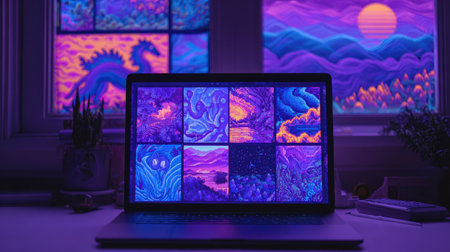 A laptop screen showcases various colorful artworks, complemented by window views depicting landscapes with a moon. The image utilizes vibrant purple and blue hues, creating a visually striking display. This image is suitable for a wide variety of commercial and editorial uses.の素材
