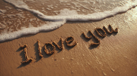 A heartfelt message, 'I love you,' is inscribed in the sand near the water's edge. The image captures the scene with soft lighting and a warm color palette. The composition features gentle waves, creating a serene and romantic atmosphere. This image is well-suited for various uses, including conveying sentiments of love.の素材