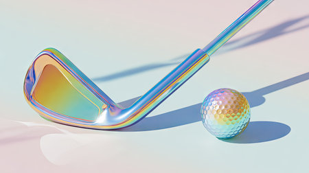 A close-up captures a stylized golf club positioned near a matching golf ball, set against a soft, gradient background. The club and ball exhibit a metallic sheen with rainbow-like colors. The image suggests a modern, digital aesthetic, suitable for promotional materials or editorial content with an emphasis on sports and leisure.の素材