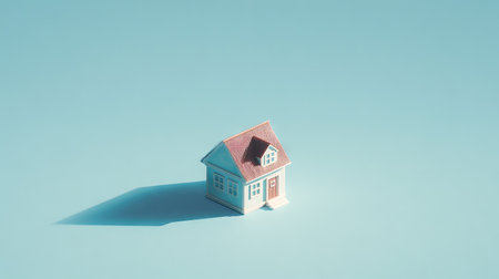 A small house model stands isolated against a flat blue backdrop. The house features a red roof, white facade, and tiny windows. Gentle shadows suggest soft sunlight, highlighting the model's form. This image could be used in design projects, real estate advertising, or to represent concepts such as home ownership.の素材