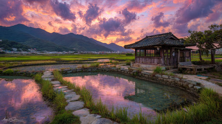An image captures a picturesque scene of a traditional wooden structure by a pond, reflecting the vibrant sunset hues. The composition displays a lush green field and distant mountains under a dramatic sky. This photograph, with its soft textures and natural lighting, would suit various editorial and commercial applications.の素材