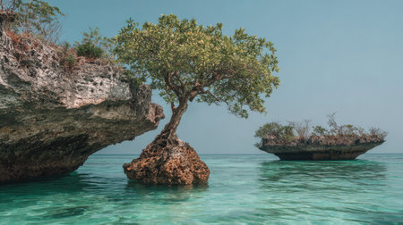 An image captures a tree thriving on a rock formation in the sea. The scene showcases clear turquoise water under a light blue sky. The composition emphasizes natural elements and a sense of serenity. It could be used for various purposes, including travel publications or environmental themes.の素材