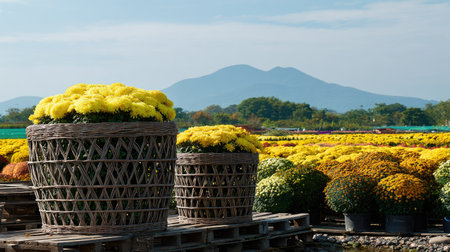 Two large woven baskets filled with bright yellow flowers stand in the foreground. The flowers and baskets are set against a wide field of similar blooms with a distant mountain range. The image features natural sunlight and could be suitable for various commercial or editorial applications.の素材