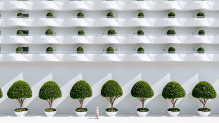 A striking wall design features repeated rows of small, potted trees set against a white backdrop. The composition showcases a minimalist style with precise geometric patterns. Overhead lighting casts soft shadows, enhancing the textures and creating a clean aesthetic. Suitable for concepts of modern design, nature integration, and architectural innovation.の素材