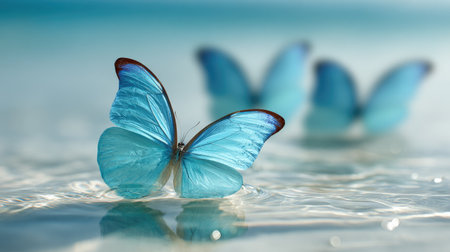 Several blue butterflies are captured resting on a water surface. The image showcases butterflies with a spectrum of blue hues. The composition uses shallow depth of field, with soft focus on the background. This could be used for various projects needing a delicate and colorful visual.の素材