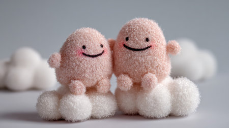 Two whimsical cartoon figures with smiling faces are perched on soft, white clouds. The characters are rendered in a light pink hue, and the composition is simple with a focus on these characters. The soft texture and neutral background suggests various potential applications, including promotional materials.の素材
