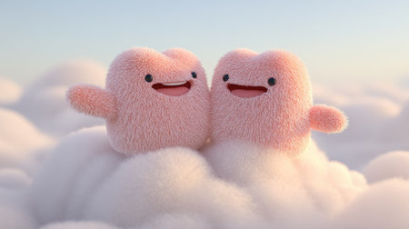 Two pink, cartoon-like figures with simple features stand together atop a mass of white clouds. The characters appear happy and friendly, illuminated by soft lighting. The composition is clean, with a focus on the subjects, and the background subtly suggests a bright sky. This image is suited for various commercial and illustrative purposes.の素材