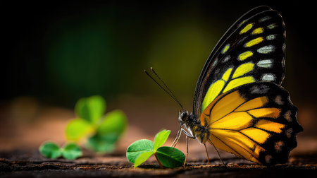 A striking butterfly displays vivid yellow and black patterned wings, captured in close-up. The image showcases the insect's delicate form against a blurred green backdrop. The scene suggests a natural environment with lush foliage, possibly outdoors, and could be utilized for various nature-themed projects.の素材