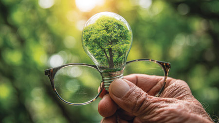 A hand holds a lightbulb containing a tree, set against a blurred green background. The image features a shallow depth of field, with soft lighting illuminating the scene. The concept suggests an idea related to growth and sustainability for diverse applications.の素材