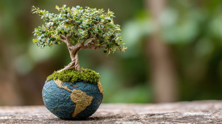 A small tree with green leaves grows from a model of Earth, covered in moss. The image displays a close-up shot of the object on a blurred background, capturing natural elements. The scene is illuminated by soft lighting, highlighting textures. It could be used in projects about nature, conservation, or environmental themes.の素材