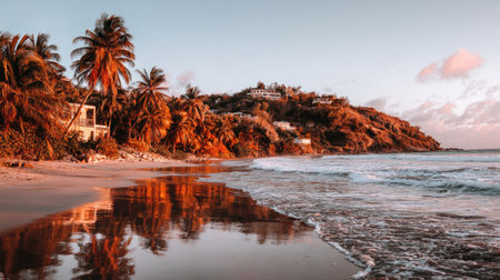 A scenic beach captures the eye with its vibrant colors. Palm trees frame the sandy shore, with reflections mirrored in the calm water. The composition is bathed in warm hues of orange and pink, possibly indicating a sunset. This image would be suitable for travel, tourism, or environmental themes.の素材