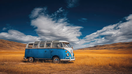 A classic blue and white van is parked in a golden field under a bright blue sky with scattered clouds. The scene is illuminated by sunlight creating shadows across the textured terrain. This image might be suitable for travel, adventure, or lifestyle themes and related editorial or commercial projects.の素材