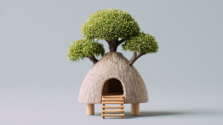 This image showcases a unique miniature structure, resembling a house topped with a tree. The composition highlights a blend of natural and architectural elements. The color palette is composed of earth tones and green. Suitable for various design projects, it can be used for conceptual illustrations.の素材