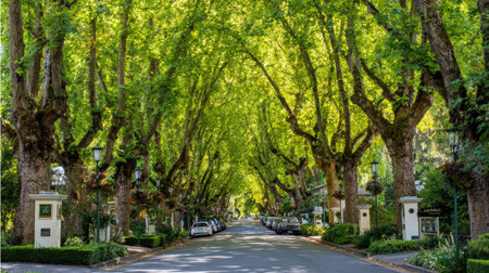 A view down a street is framed by a canopy of green trees. Sunlight filters through the leaves, creating a bright atmosphere. The composition includes a paved road with parked vehicles and manicured hedges along the sides. Suitable for commercial projects.の素材