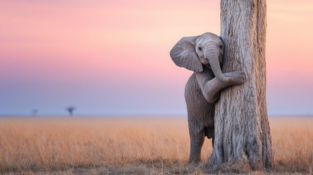 A young elephant calf is seen embracing a tree in an open savanna, showcasing a sense of connection with nature. The scene is bathed in the soft light of a pastel sunset, with hues of pink and orange. This image is suitable for various commercial uses, including advertising and editorial content.の素材