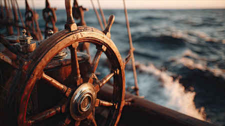A close-up view presents a weathered wooden ship's wheel, positioned on a boat, facing a vast ocean. The scene is illuminated by soft, warm sunlight, suggesting either sunrise or sunset. This image showcases rich textures and color contrast, lending itself to various commercial applications, including nautical themes and travel concepts.の素材
