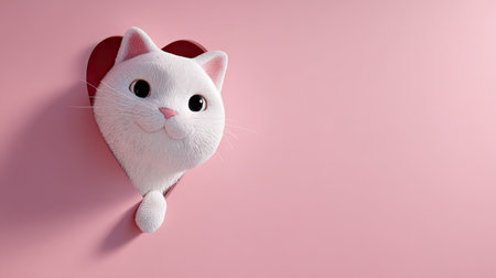 A white cat's head emerges from a heart cutout on a pink backdrop. The image utilizes soft lighting and a clean style. The composition suggests a sense of playfulness and affection. This image is suitable for various uses, including marketing materials and editorial content.の素材