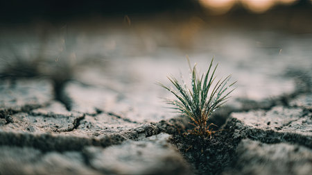 A close-up captures a small plant sprouting from parched, cracked earth. The scene is dominated by a palette of brown and beige, with soft focus and shallow depth of field. This image suggests themes of resilience and new beginnings. It could be used for illustrating environmental concerns or concepts like growth.の素材