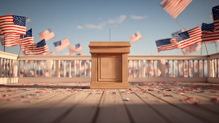 An empty wooden podium stands center stage on a wooden platform, surrounded by numerous American flags fluttering against a bright blue sky. The composition features a wide-angle view, with soft lighting and a focus on patriotic symbols. Suitable for conceptual illustrations, it can be used for various projects related to politics and national themes.の素材