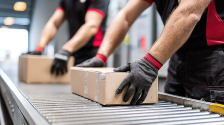 Two workers handle cardboard boxes on a moving conveyor belt. The image features neutral tones, with focus on the hands and boxes. The composition shows the boxes moving across a system. Suitable for illustrating logistics or delivery services, and can be used in commercial contexts.の素材