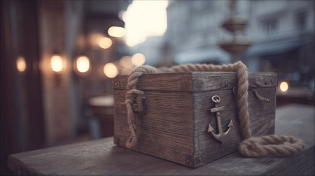 A wooden chest with a rope and an anchor is the central focus, resting on a tabletop. The scene uses warm tones and shallow depth of field. The chest is old, with texture and detail. The background features out-of-focus lights. This image could serve as a visual for various design and commercial projects.の素材