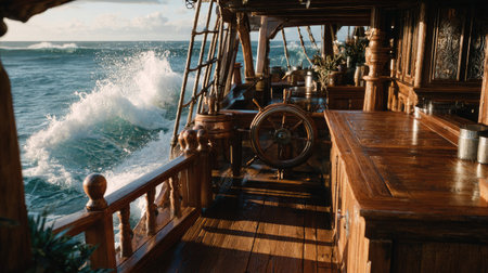 A wooden vessel navigates ocean waves. The scene presents a detailed interior with wooden structures and a large helm. Sunlight bathes the deck and surroundings. Suitable for commercial projects or editorial content needing imagery of travel or transportation.の素材