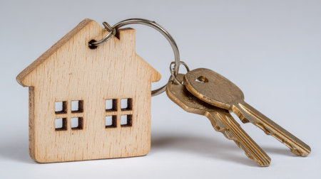This image showcases a wooden house-shaped key tag accompanied by two golden keys attached to a silver ring. The objects are set against a plain white background, allowing for clear focus. The composition emphasizes detail and visual appeal. Suitable for various design and commercial projects related to property or real estate.の素材